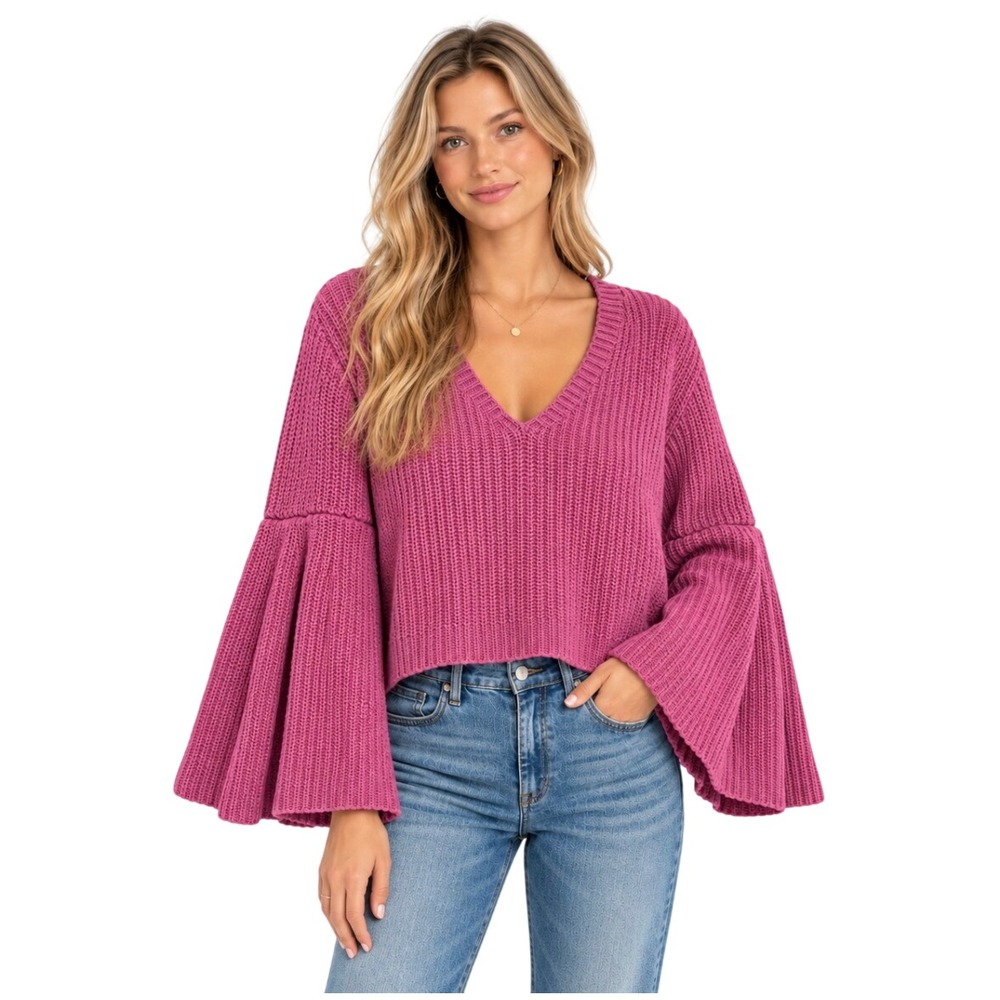 Free People Pink V-Neck Crop Bell Sleeve Knit Cotton Sweater OB888849 Size M